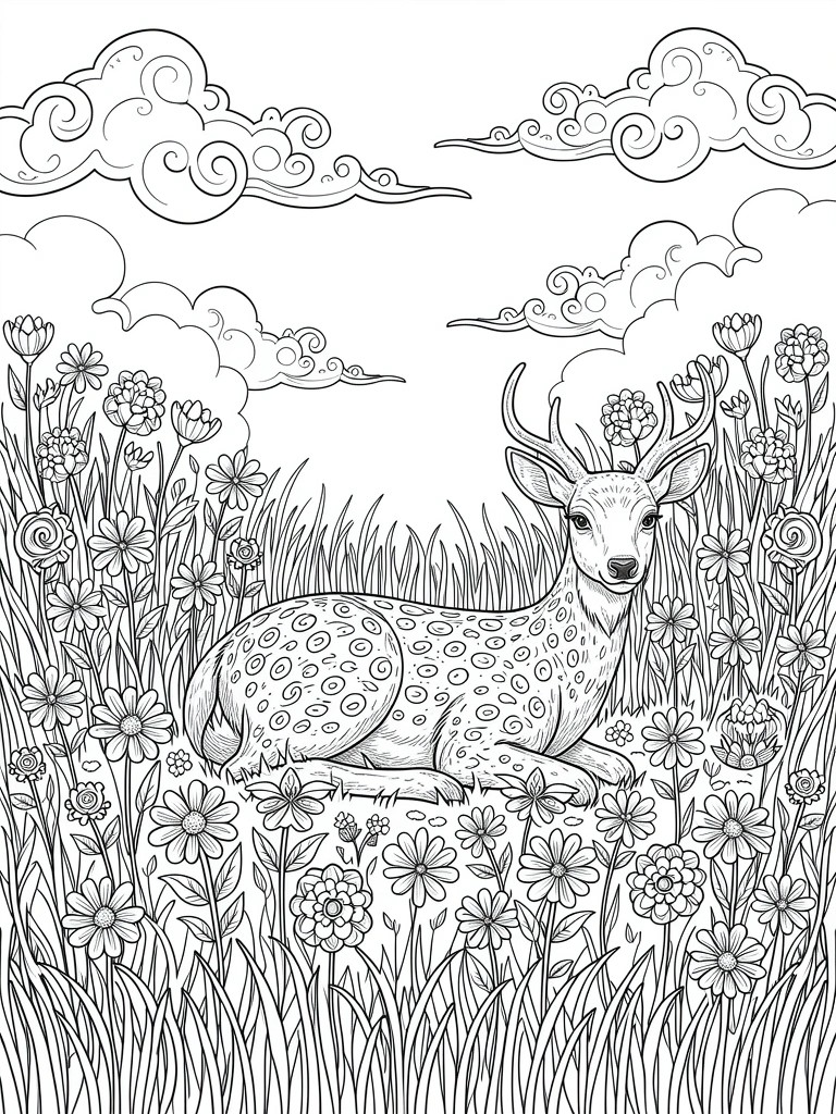 Line drawing of a reclining spotted deer with antlers in a field of flowers and grass under patterned clouds.