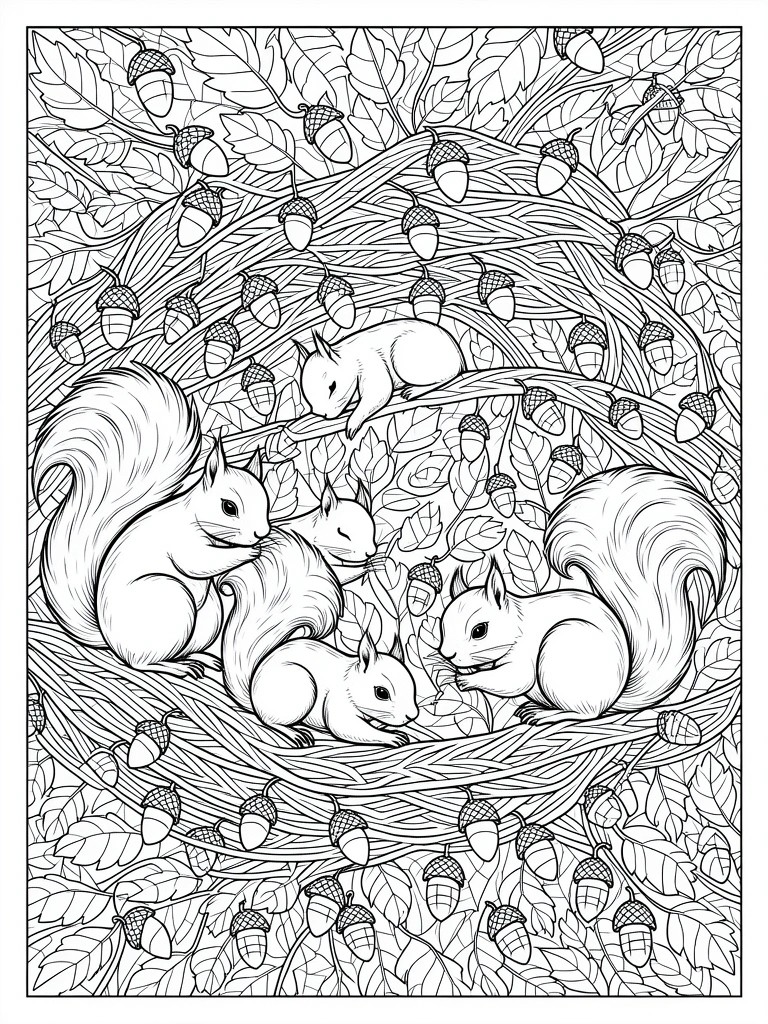 Line art coloring page of four squirrels huddled in a circular acorn nest surrounded by leaves, branches, and acorns.