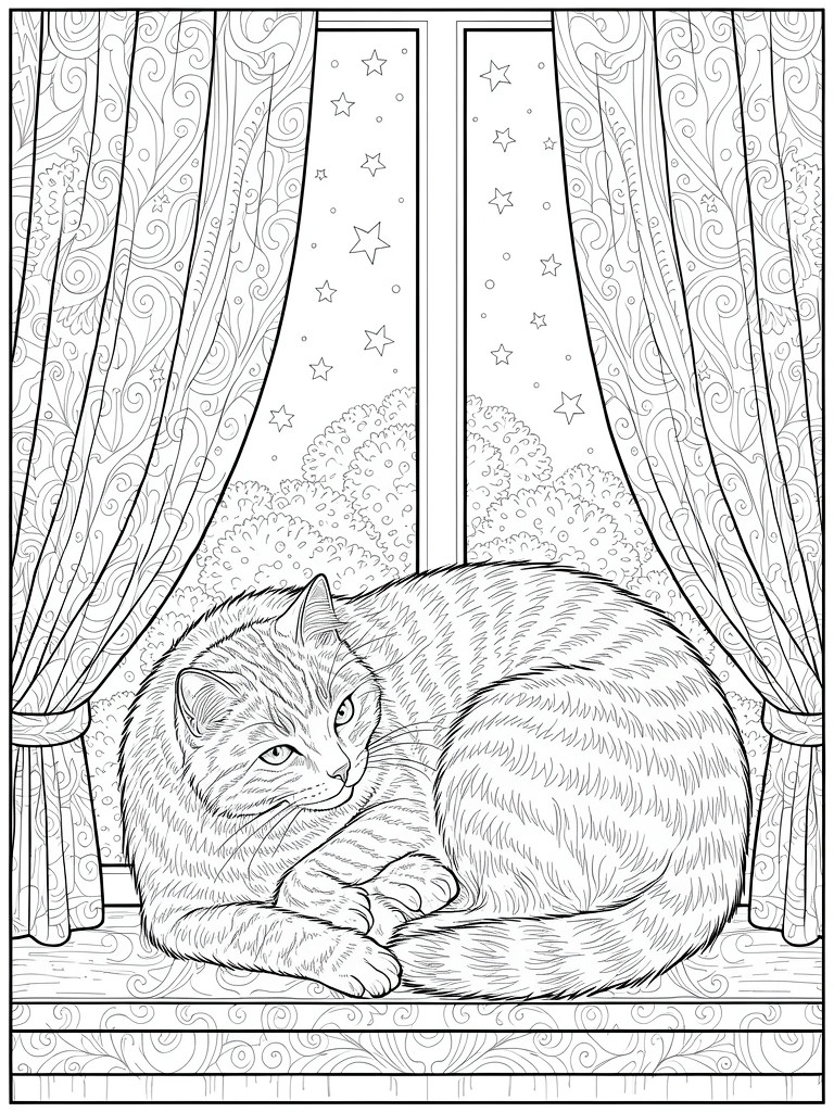 Line drawing of a tabby cat lying on a windowsill between patterned curtains with a starry night sky and clouds visible outside.