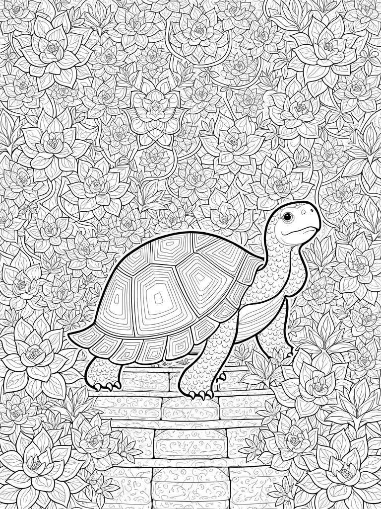 Line drawing of a turtle walking on stone steps surrounded by dense lotus flower and vine patterns.