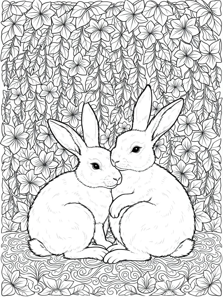 Black line art of two rabbits nuzzling surrounded by dense cascading flower and vine patterns.