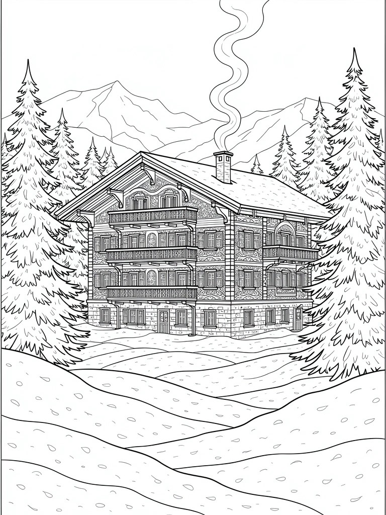 Black and white line drawing of a multi-story chalet house with balconies and chimney smoke, surrounded by pine trees in a snowy mountain setting.