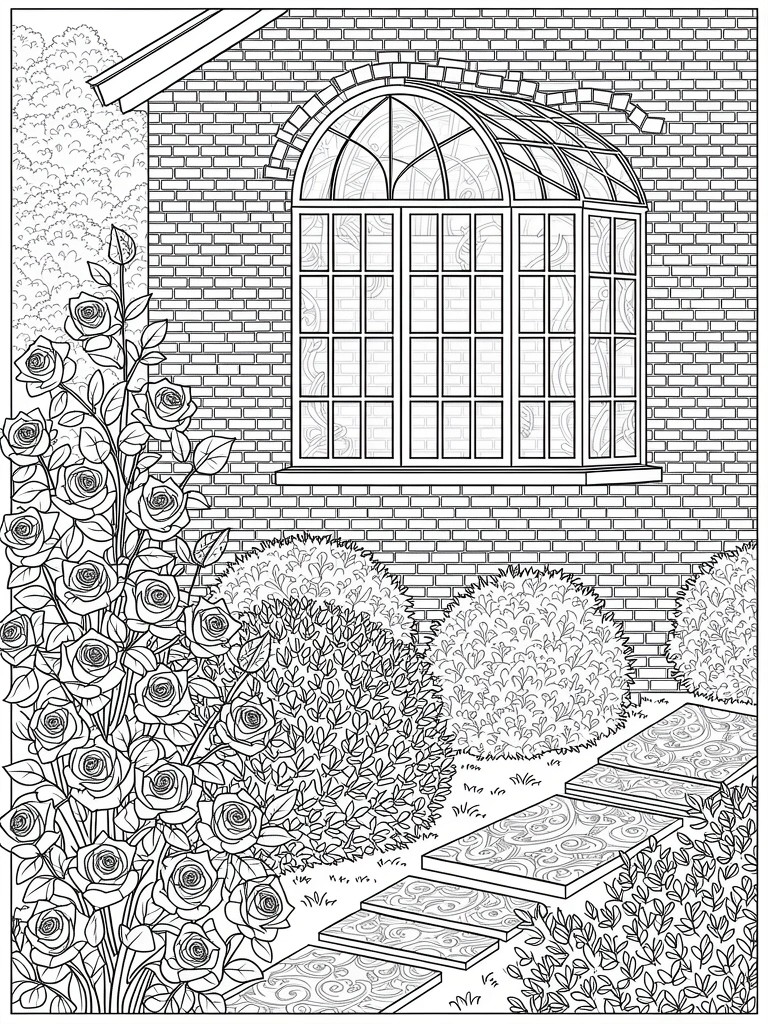 Line drawing of a brick house with arched window, climbing roses on one side, shrubs, and stone steps.