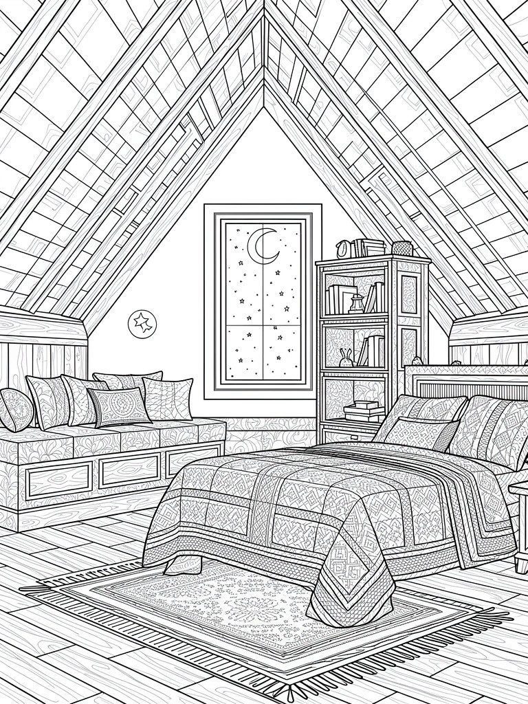 Line art of an attic bedroom with slanted ceilings, bed, pillows, bookshelves, window seat, starry window, and patterned rug.