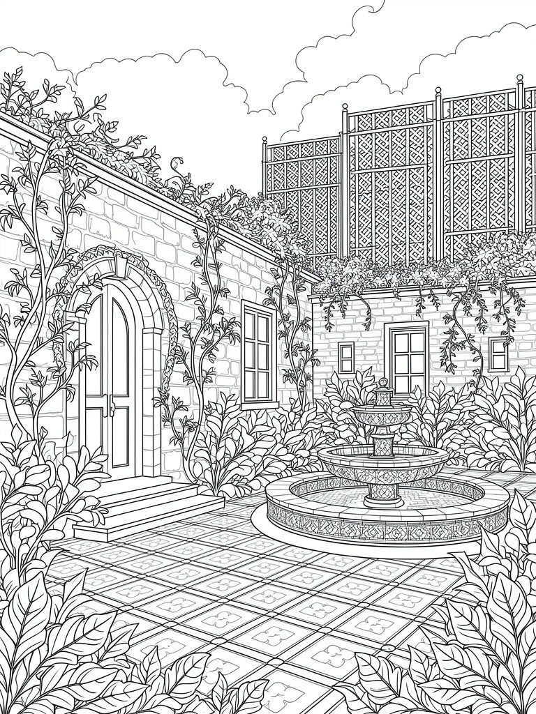 Line drawing of a stone-walled courtyard featuring a central fountain, climbing vines, arched door, plants, and tiled floor.