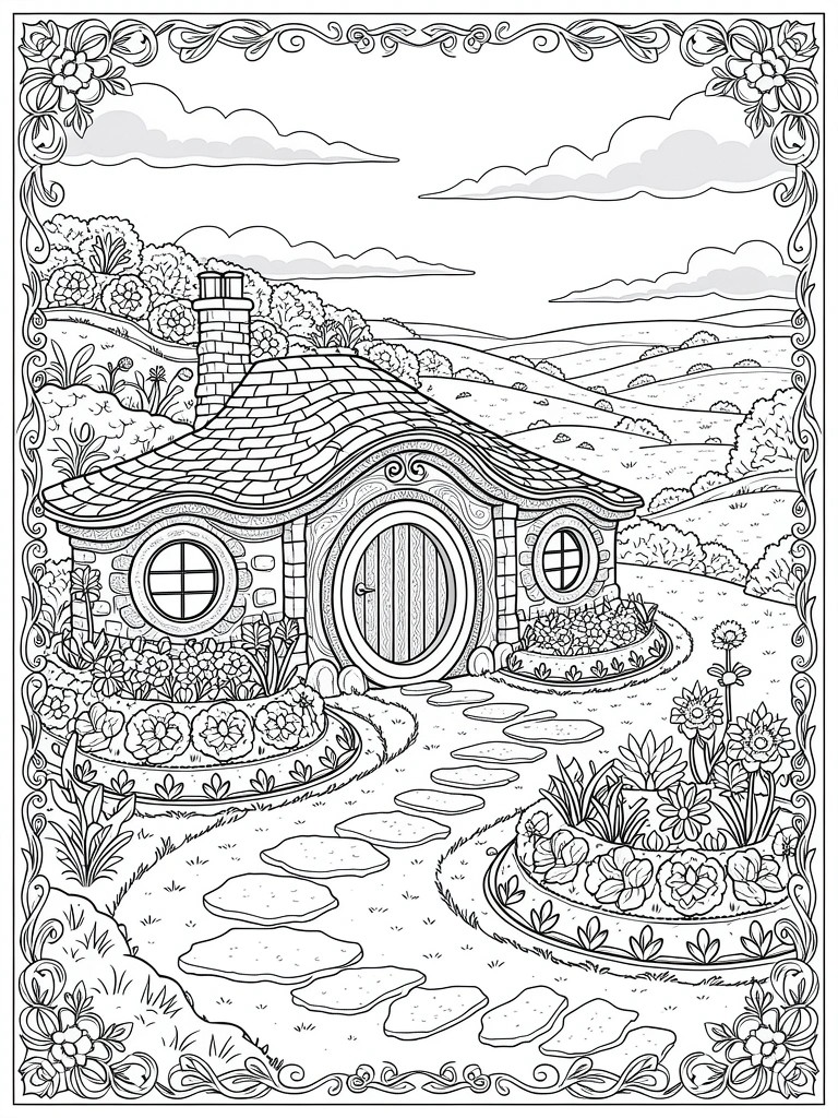 Line art of a small curved-roof house with round door and windows, garden path, flowers, hills, sky, and floral borders.