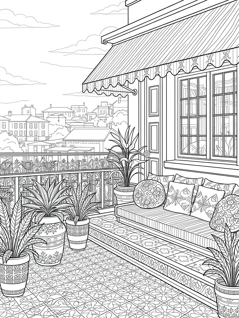 Line art of a balcony with plants, bench, cushions, house windows, and city skyline background.