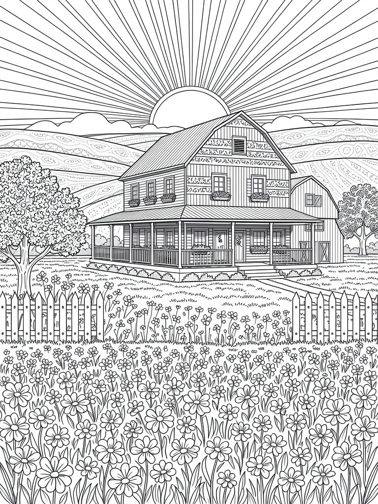 Black and white coloring page of a detailed farmhouse and barn surrounded by flower fields, trees, fence, rolling hills, clouds, and a patterned sunrise.