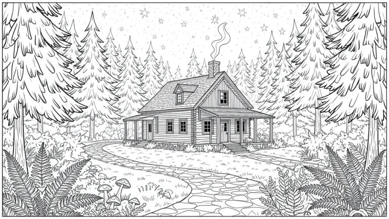22 Cozy House Coloring Pages for Home Lovers Line art of a log cabin in pine forest at night with starry sky, smoke from chimney, stone path, ferns, and mushrooms.