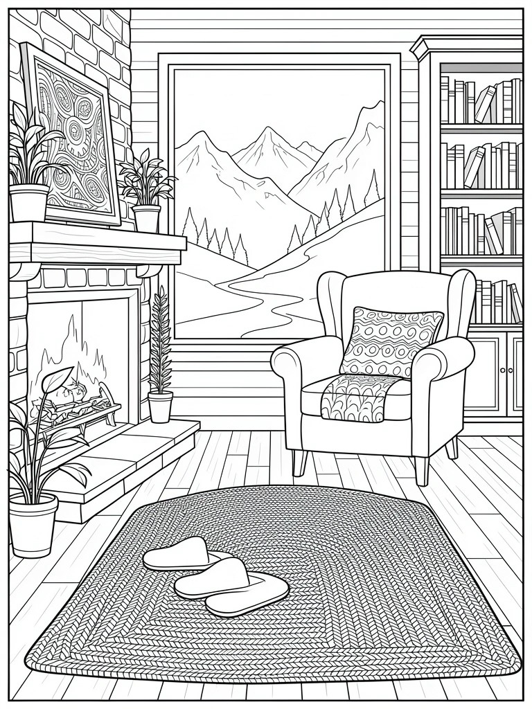 Line drawing of a cabin living room featuring a fireplace, armchair, bookshelves, plants, rug with flip-flops, and window view of mountains, trees, and river.