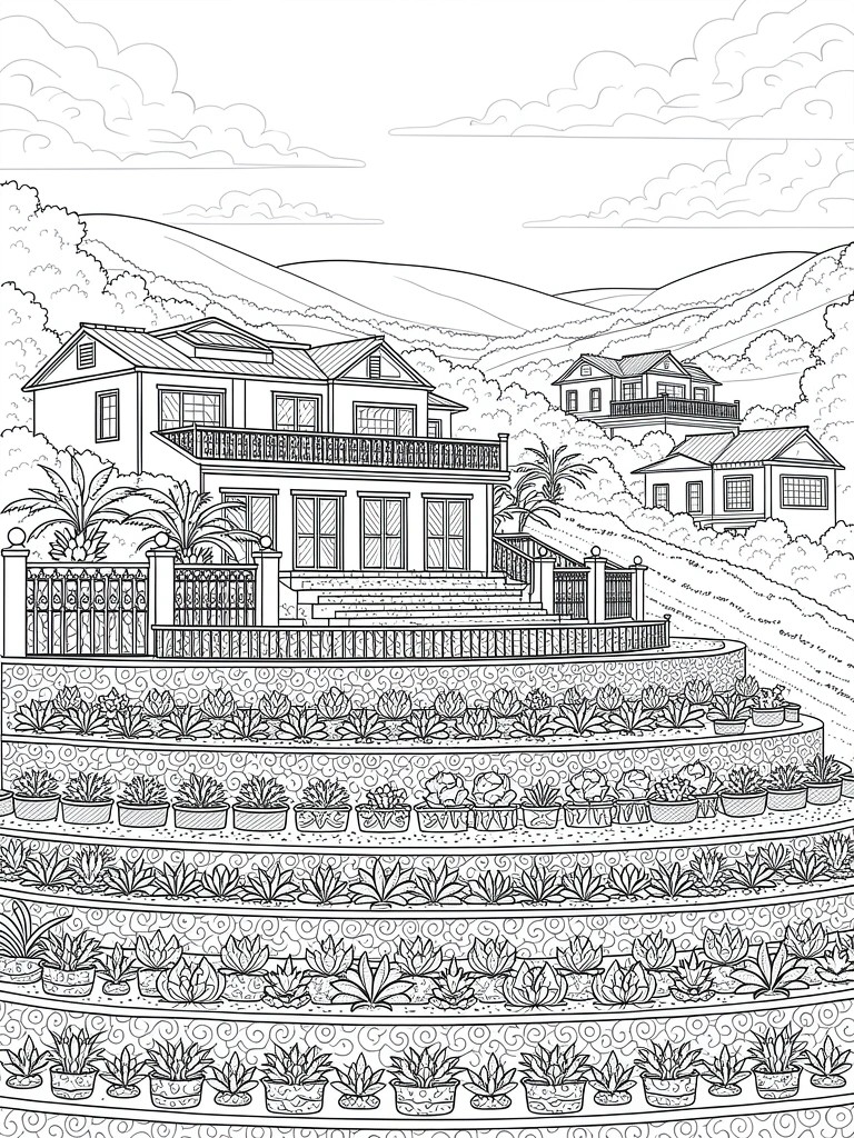 Line drawing of a house on terraced hillsides filled with patterned plants, surrounded by hills and distant homes.