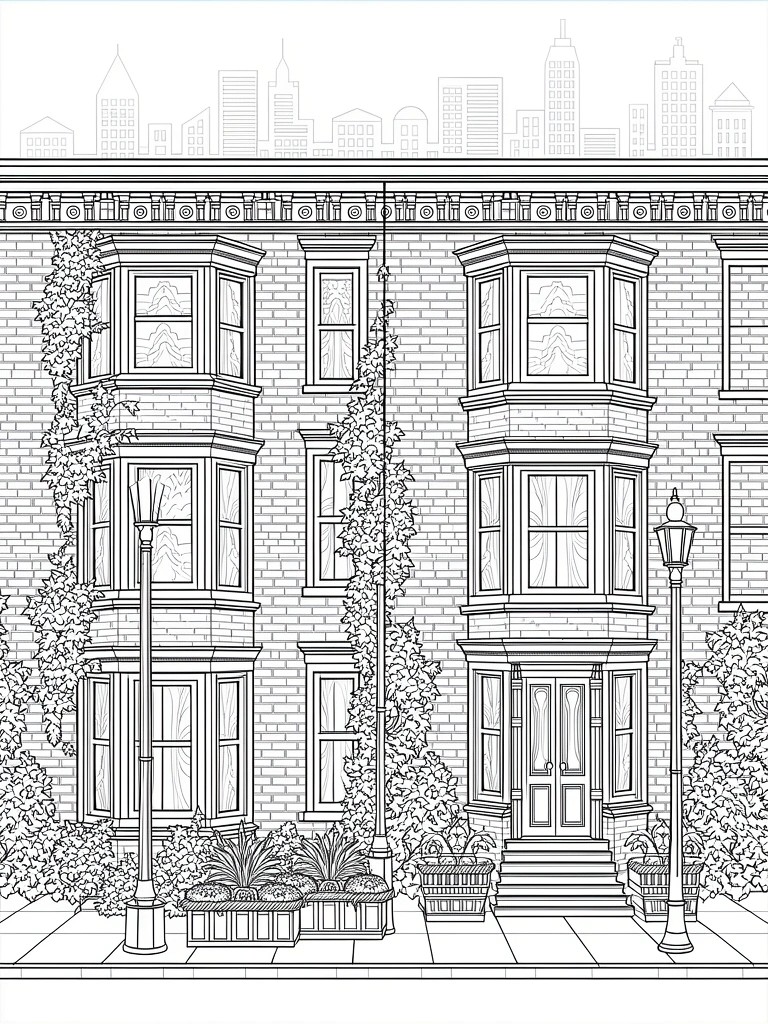 Line drawing of two ivy-covered brownstone buildings with bay windows, front doors, street lamps, planters, and a city skyline background.