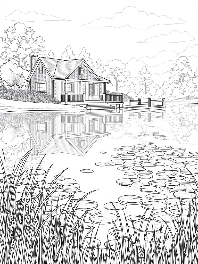 Line drawing of a wooden house on a dock over a lake with lily pads, reeds in foreground, trees, and water reflections.