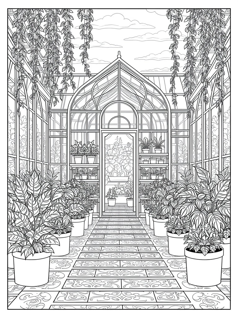 Line art coloring page of a glass greenhouse interior with a central pathway lined by potted plants and hanging vines.