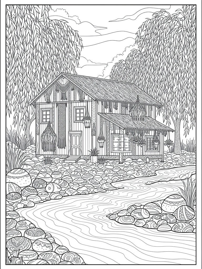 Line drawing of a detailed rustic house on stilts beside a stream with weeping willows, patterned rocks, and plants.