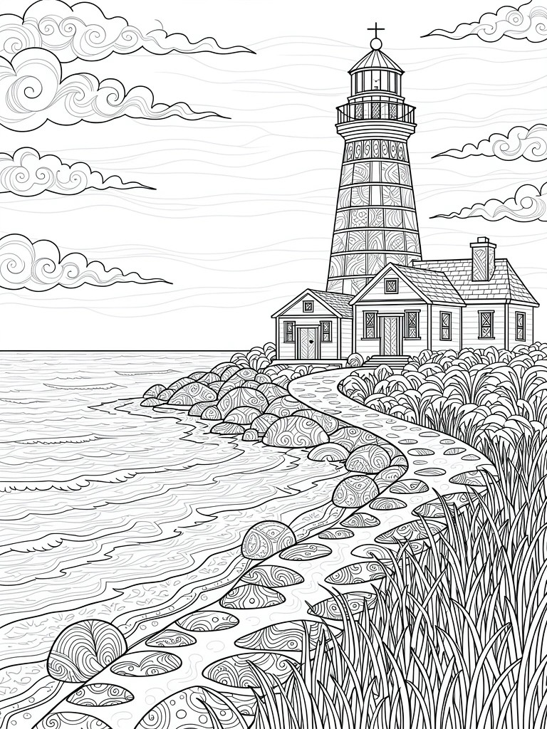 Line art of a lighthouse with attached house on rocky coast, waves, reed path, and patterned clouds.