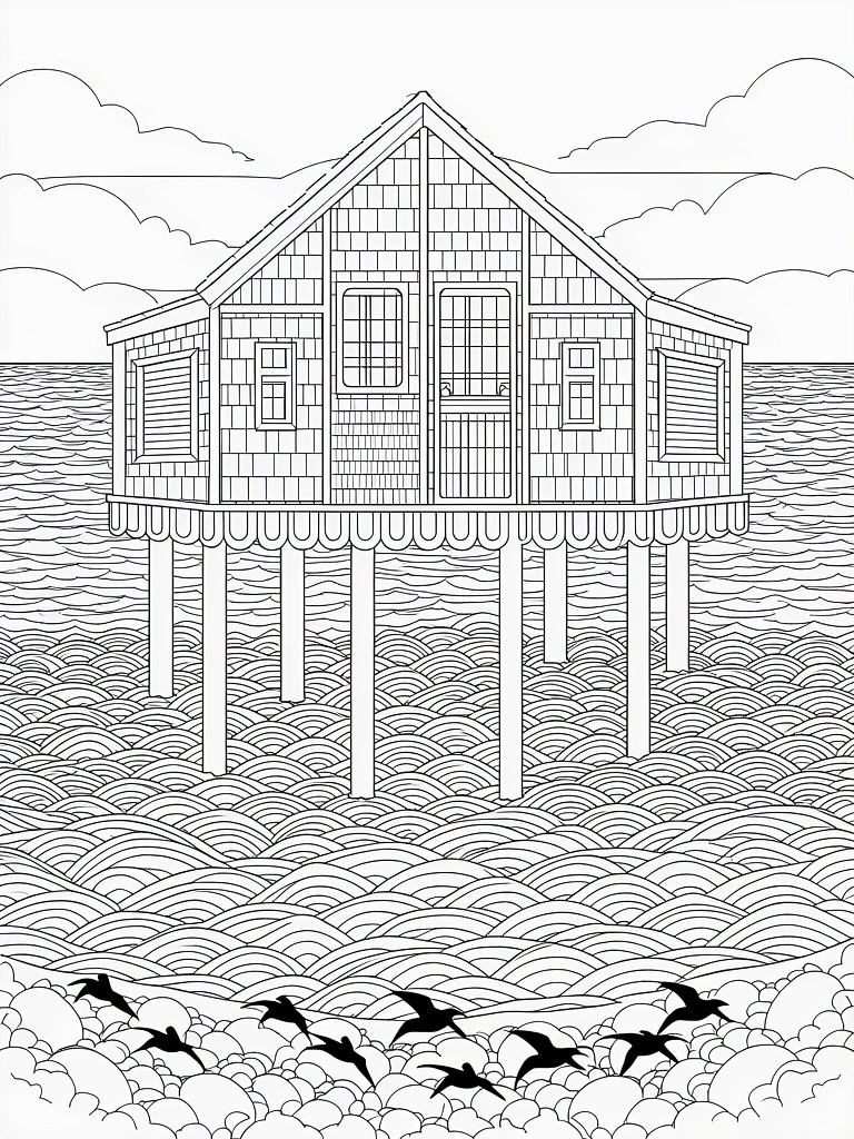 Line drawing of a shingled house on stilts above wavy ocean water, with birds flying and clouds in the sky.