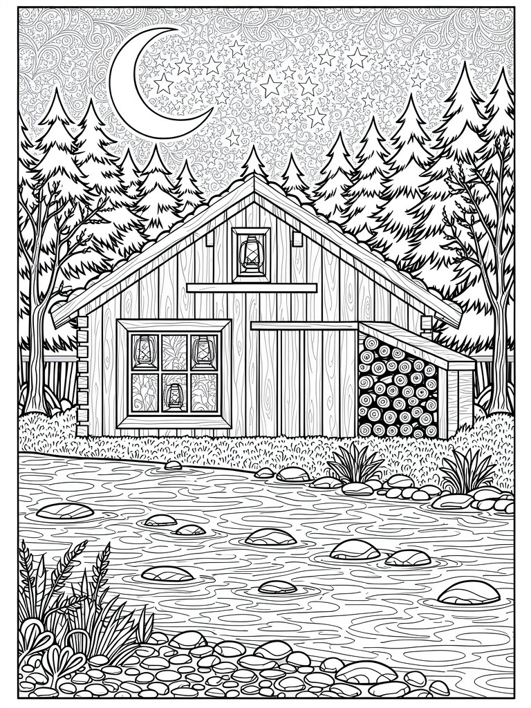 Detailed line drawing of a wooden cabin among pine trees at night with crescent moon, stars, stream, rocks, and woodpile.