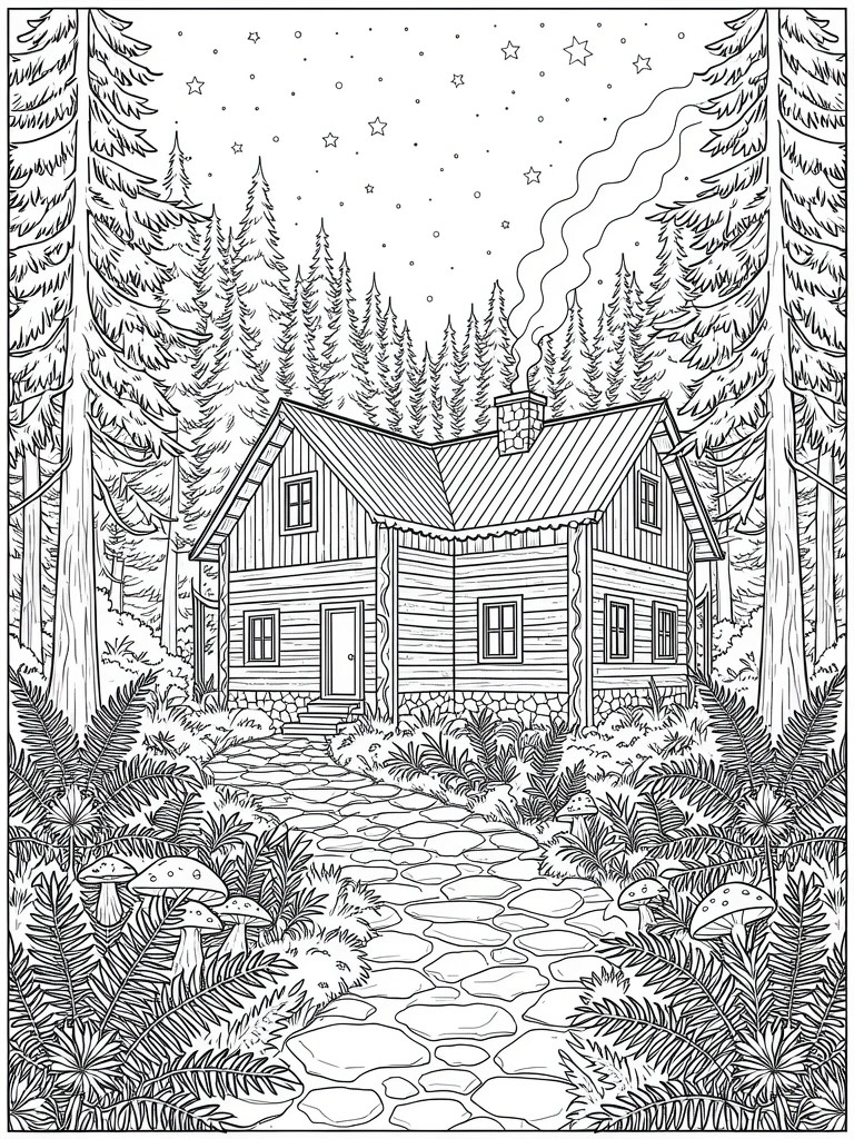 Line art of a log cabin in pine forest at night with starry sky, smoke from chimney, stone path, ferns, and mushrooms.