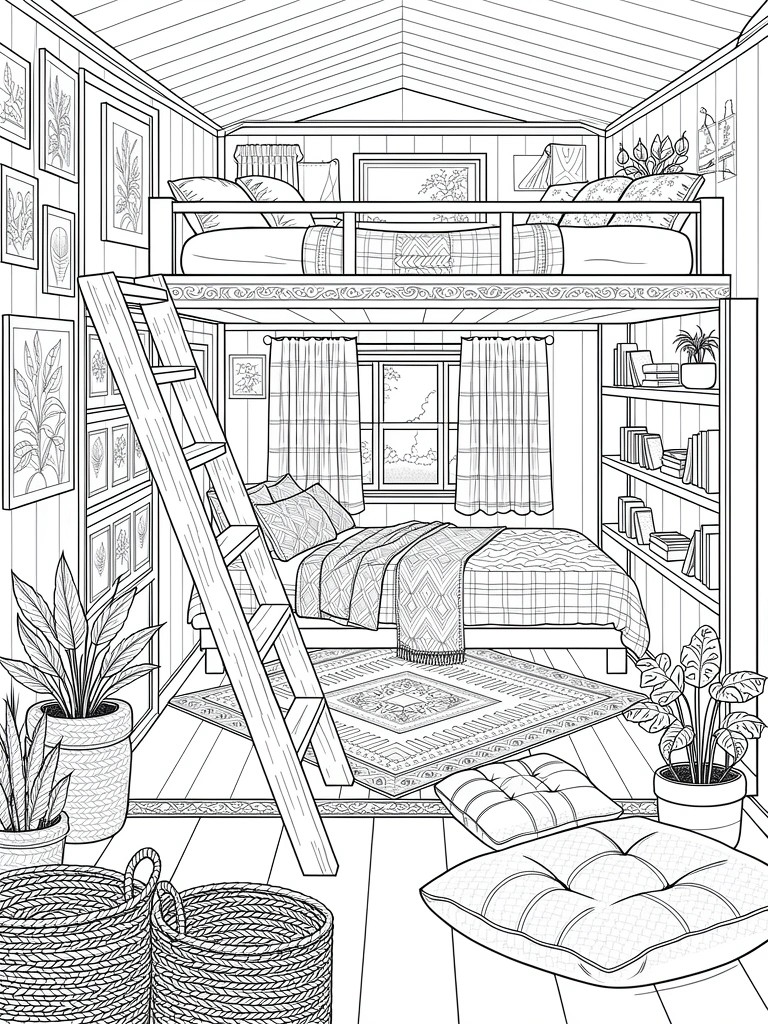 Line art of a tiny house interior showing loft bunk beds above a lower bed, plants, rug, bookshelves, and windows.