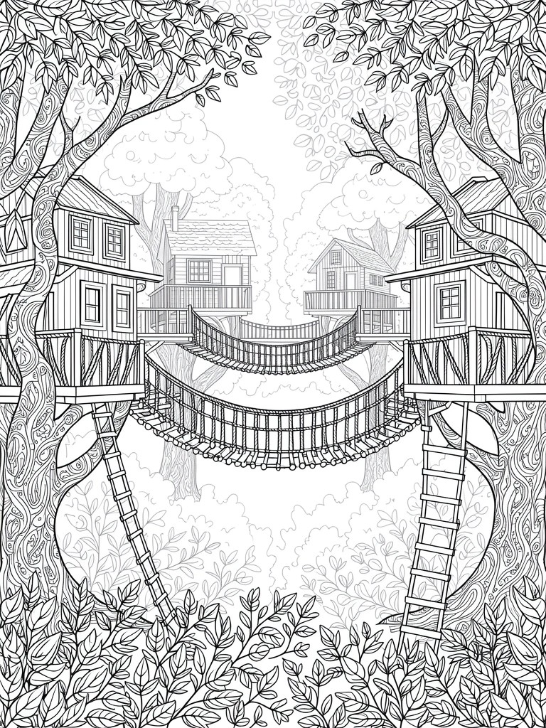 Line drawing of treehouses in two large trees connected by a rope bridge with surrounding branches and leaves.
