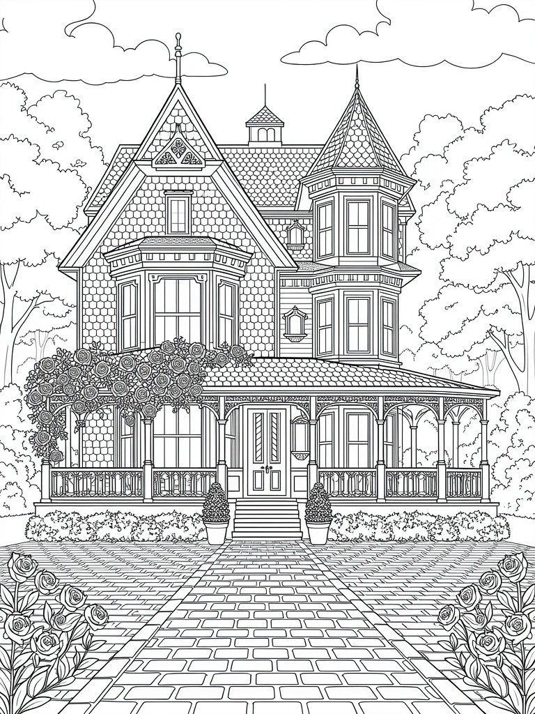 Line drawing of an ornate Victorian house with porch, bay windows, trees, vines, roses, and brick pathway.