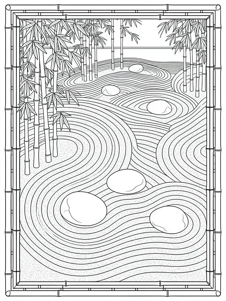 Line art of a Zen garden featuring swirling raked sand patterns around smooth rocks, surrounded by bamboo stalks in a framed border.