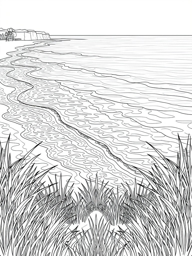Line drawing coloring page of tall foreground grasses framing a sandy beach shore, ocean waves, and distant cliffs with trees.