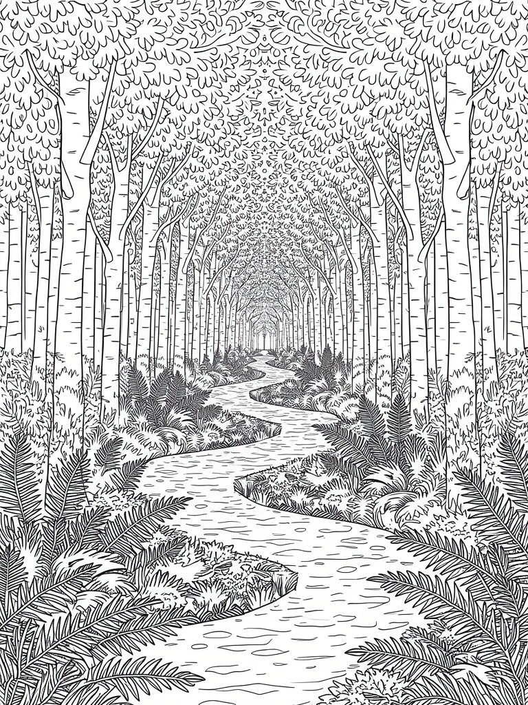 Line art of birch trees forming an overhead tunnel around a curving path lined with ferns.