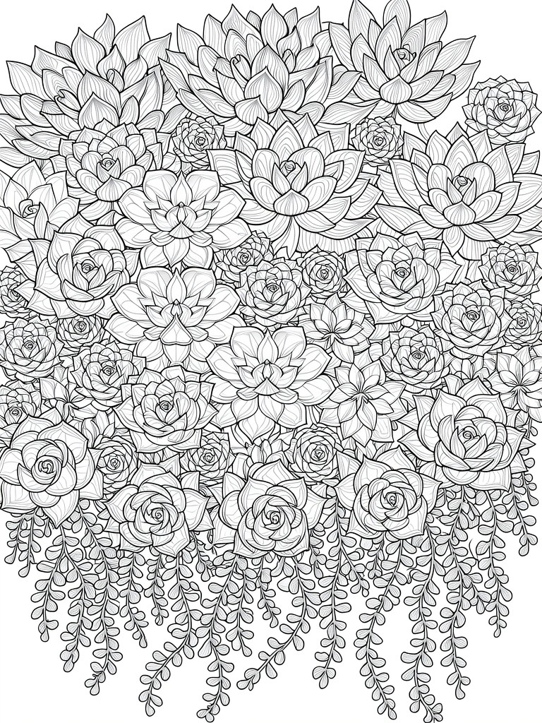 Line art of densely clustered succulents in rosettes with trailing vines at the bottom.