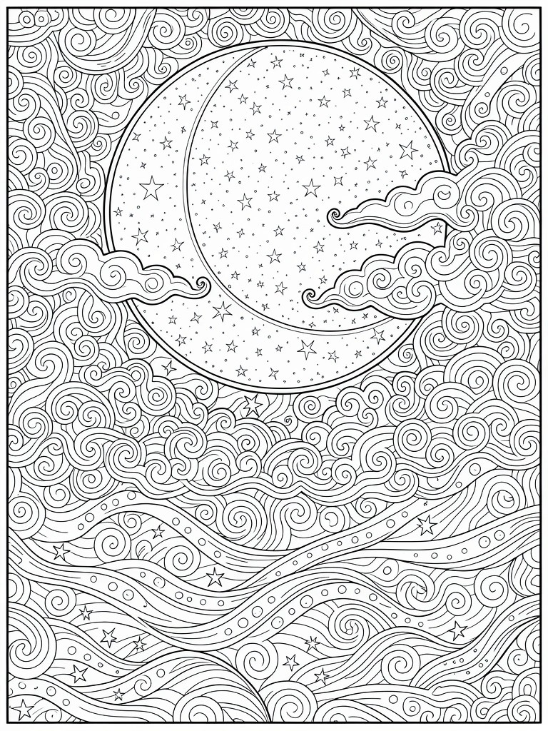 Black line drawing of a crescent moon filled with stars, surrounded by swirling clouds and wavy base patterns.