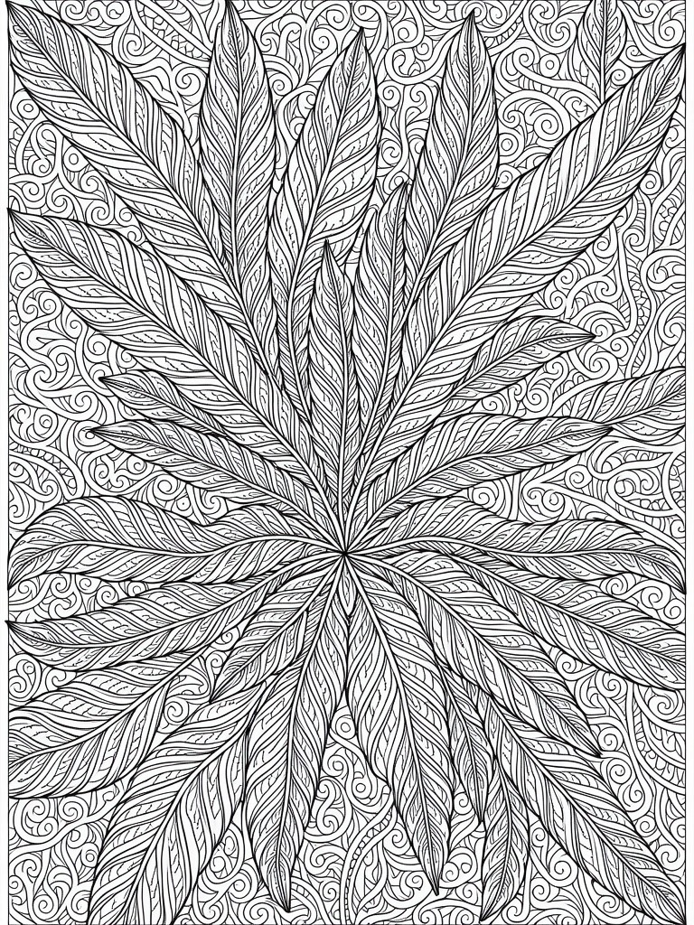 Black line art of a central cannabis leaf stylized as radiating feathers with intricate swirling patterns.