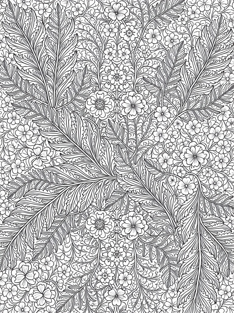 Black line art of overlapping fern leaves and small flowers in a dense, repeating pattern.