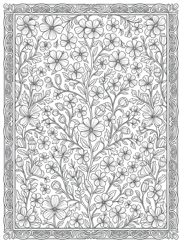 Black line art coloring page featuring a symmetrical cherry blossom pattern with branches, flowers, leaves, and an ornate rectangular border.