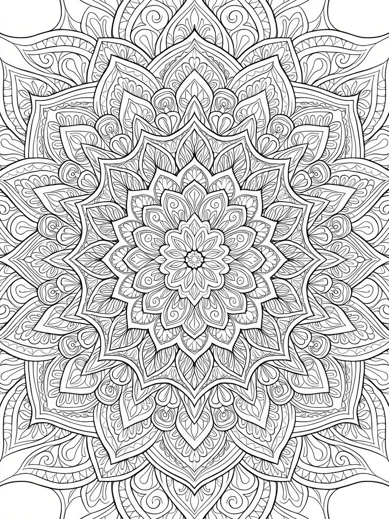 Black line art of a detailed, symmetrical mandala with a central flower expanding into floral, geometric, and swirling patterns.