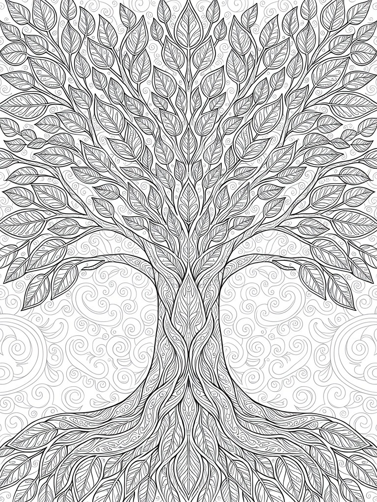 Black line art of a tall symmetrical tree with intricate leaves, braided trunk, spreading roots, and swirling background patterns.