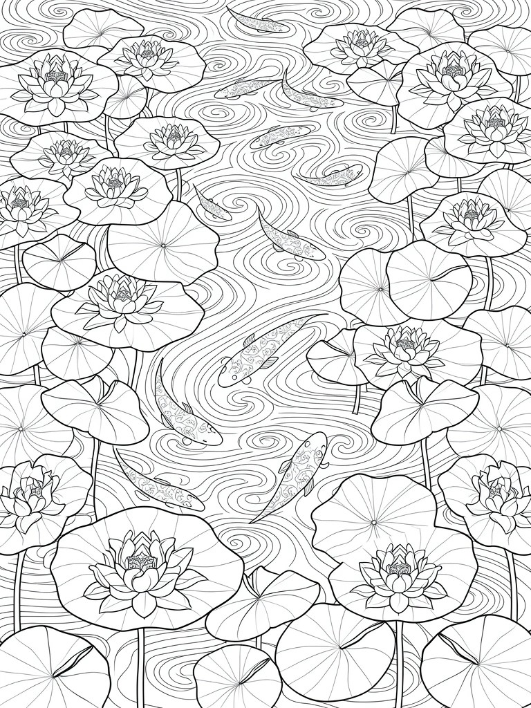 Line art coloring page featuring lotus flowers, lily pads, koi fish, and swirling water patterns in a pond scene.