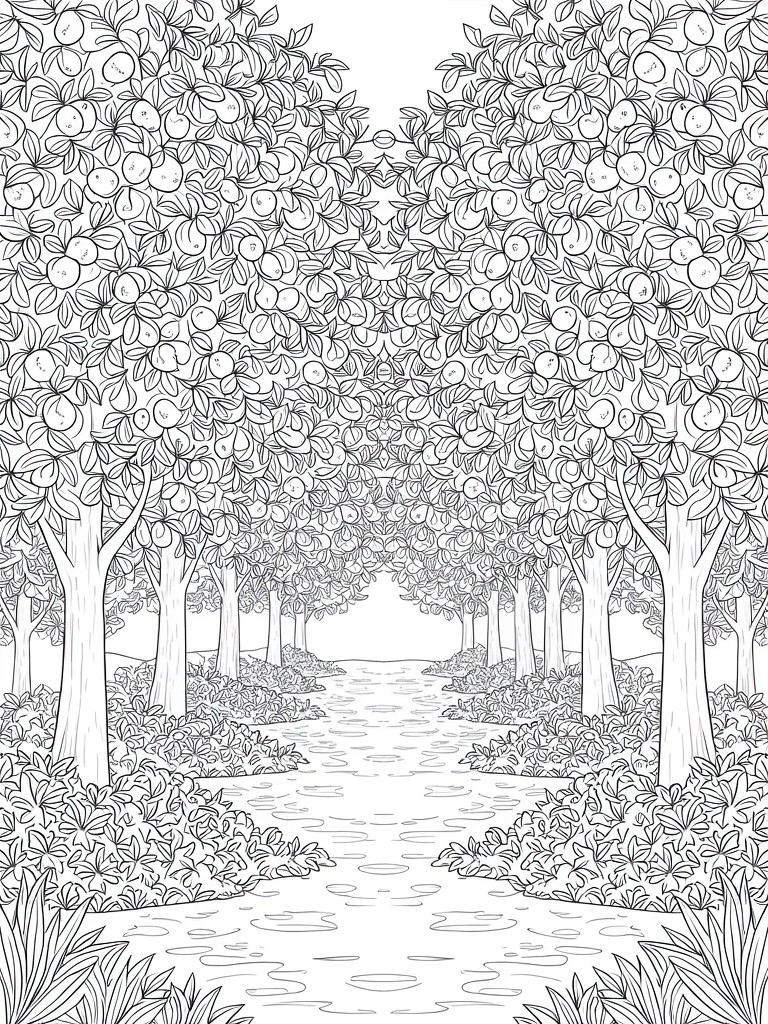 Black line coloring page of symmetrical orange trees forming an arch over a winding path with leaf details and ground cover.