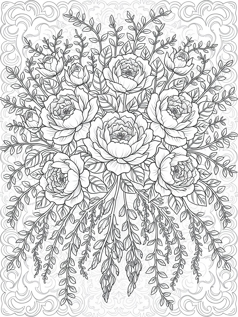 Line drawing of a bouquet of peonies with layered petals, stems, leaves, and an ornate border.