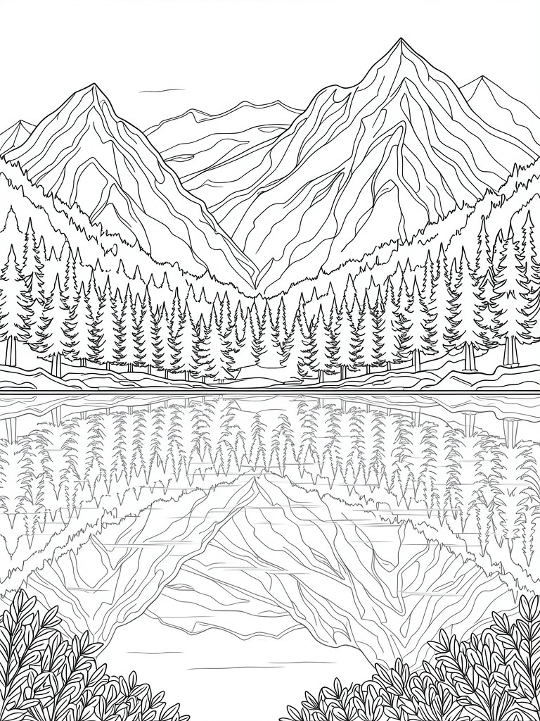 Line art of jagged mountains reflected in a foreground lake, framed by pine trees and bushes.