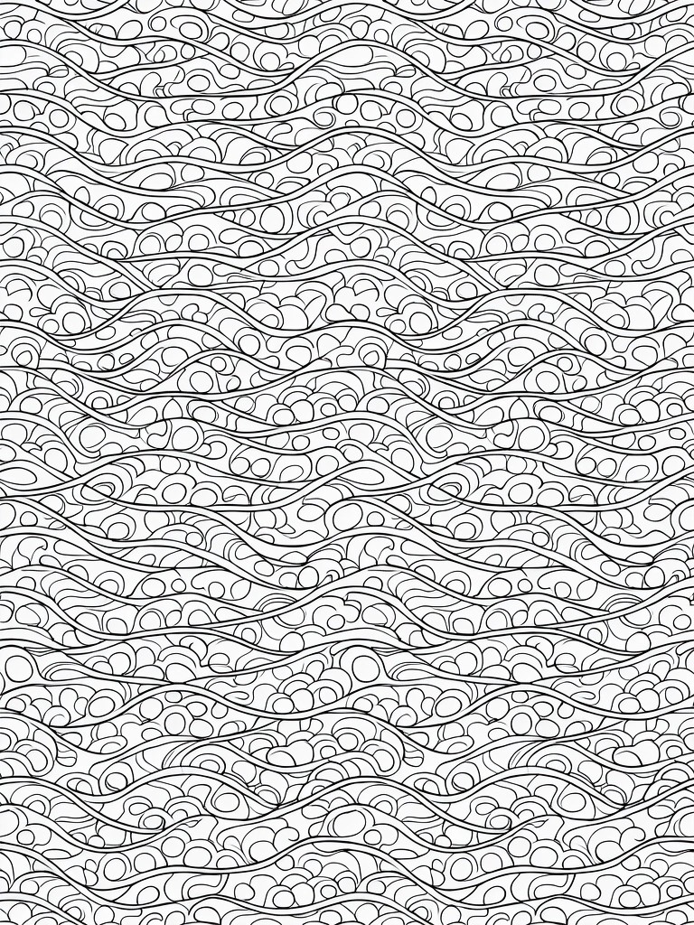 Black line art of stacked horizontal waves with curving lines and embedded circles filling the page.