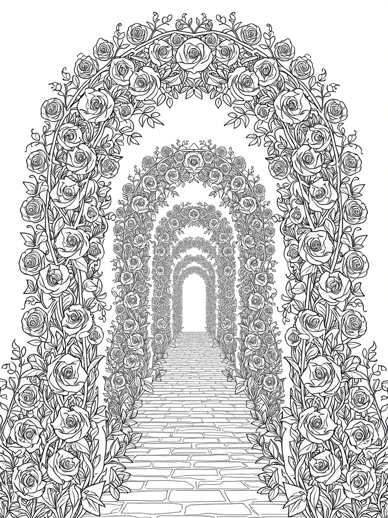 Black line drawing of a cobblestone path receding through repeating arches covered in detailed rose patterns.