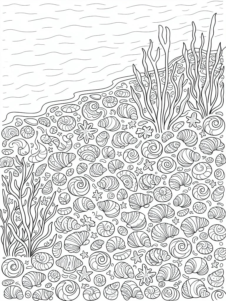 Black and white line art of a beach shore with scattered seashells, starfish, seaweed, and waves transitioning to underwater elements.