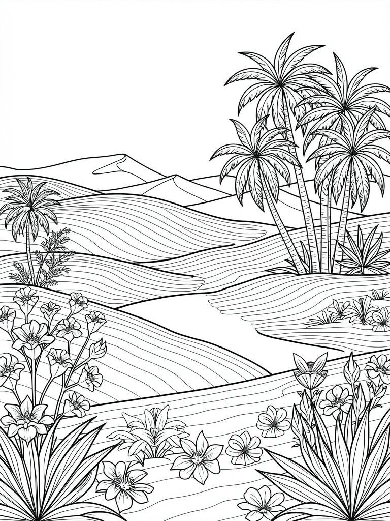 Line art coloring page depicting rolling desert dunes, palm trees, distant mountains, a winding path, and foreground flowers and plants.