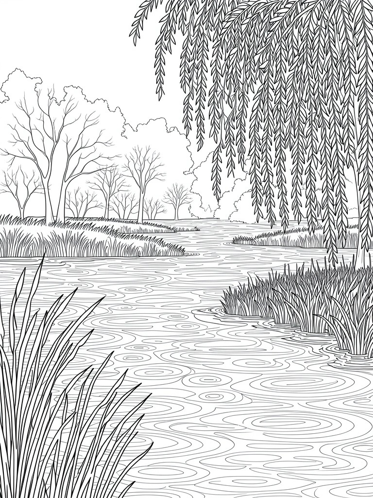 Line art of a river landscape with weeping willows, reeds, rippling water, and bare background trees.