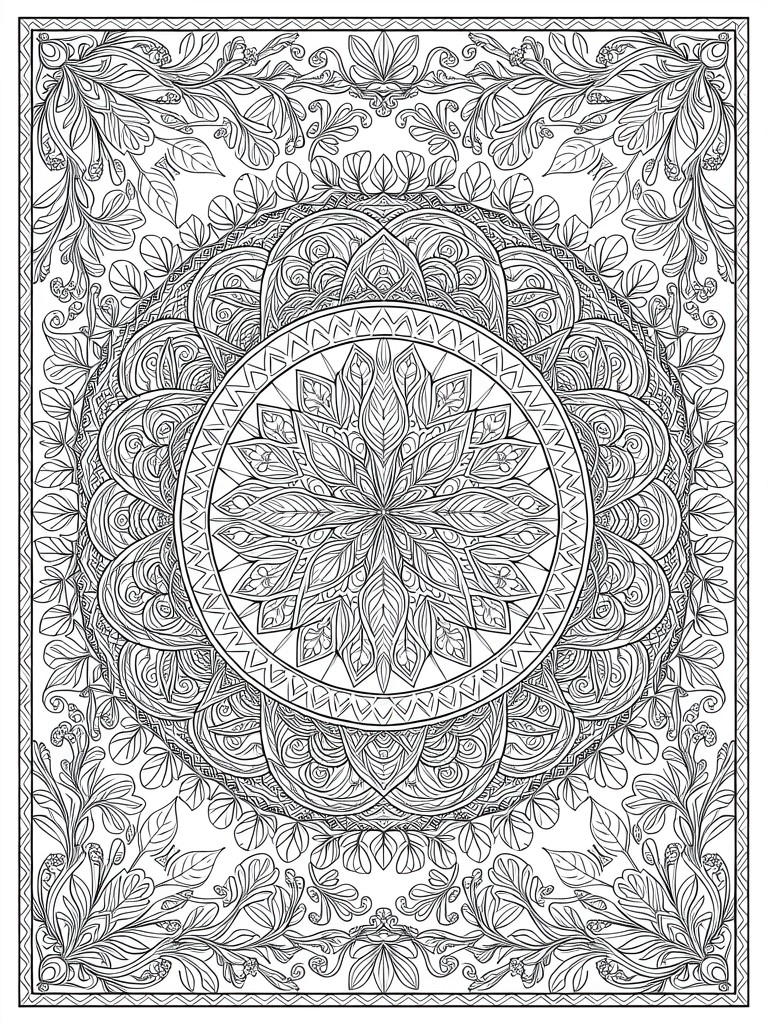 Black and white line art of a detailed symmetrical floral mandala centered within an ornate vine border.