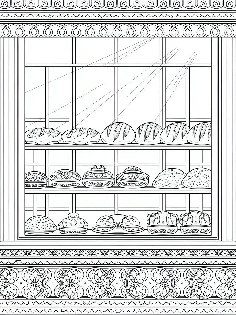 Line drawing of a shop window with shelves of breads and pastries, ornate borders, and sunlight rays.