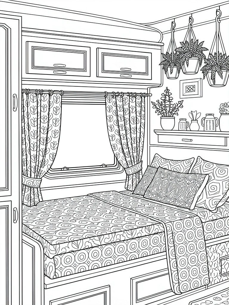 Line drawing of camper van interior with patterned bed, curtains, hanging plants, and shelves.