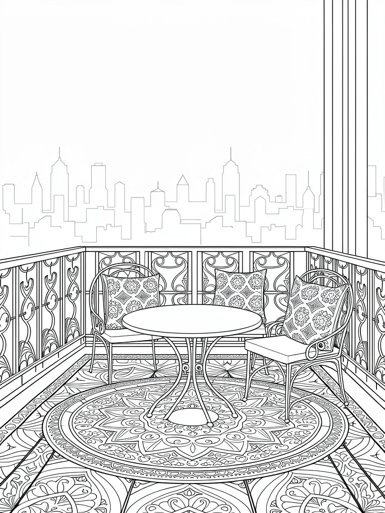 Line drawing of a balcony featuring a table, two chairs with cushions, ornate railing, patterned rug, and city skyline view.