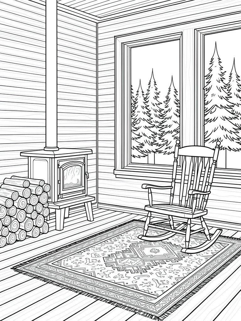 Line art coloring page of a log cabin room corner with rocking chair on rug, wood stove and logs, wooden walls, and large windows showing pine trees.